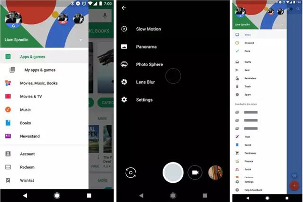 從左到右分別是 Play Store，Google Camera 及 Inbox